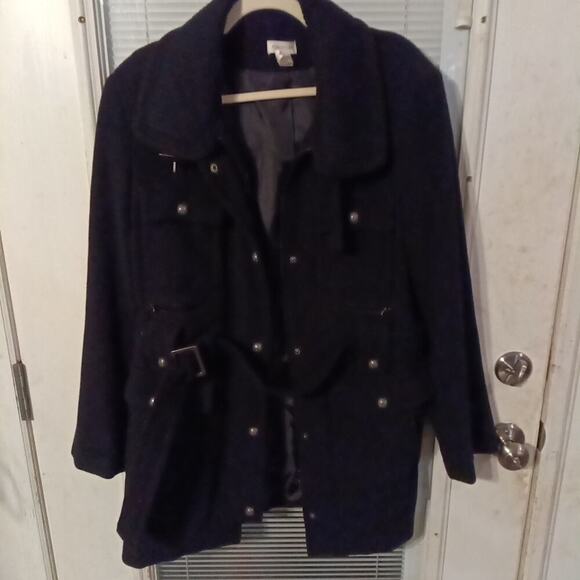 Maurices Jackets & Blazers - Women's Vintage 90s Wool Blend Trench Coat XL Black Lined Button Up Zip Up Belt